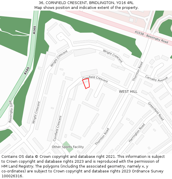 36, CORNFIELD CRESCENT, BRIDLINGTON, YO16 4RL: Location map and indicative extent of plot