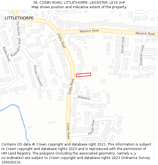 36, COSBY ROAD, LITTLETHORPE, LEICESTER, LE19 2HF: Location map and indicative extent of plot