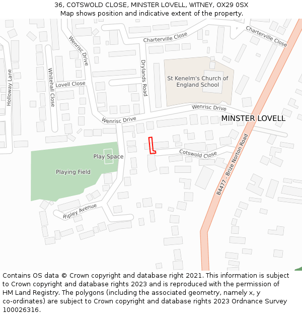 36, COTSWOLD CLOSE, MINSTER LOVELL, WITNEY, OX29 0SX: Location map and indicative extent of plot