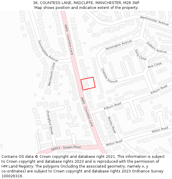 36, COUNTESS LANE, RADCLIFFE, MANCHESTER, M26 3WF: Location map and indicative extent of plot