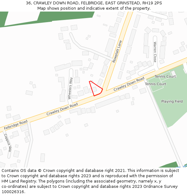 36, CRAWLEY DOWN ROAD, FELBRIDGE, EAST GRINSTEAD, RH19 2PS: Location map and indicative extent of plot