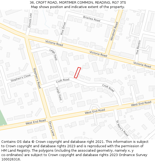 36, CROFT ROAD, MORTIMER COMMON, READING, RG7 3TS: Location map and indicative extent of plot