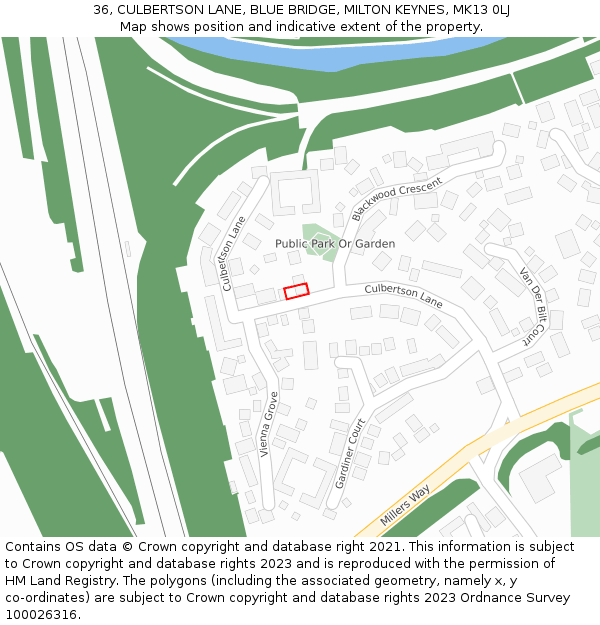 36, CULBERTSON LANE, BLUE BRIDGE, MILTON KEYNES, MK13 0LJ: Location map and indicative extent of plot