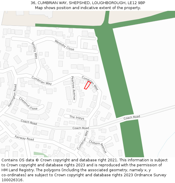 36, CUMBRIAN WAY, SHEPSHED, LOUGHBOROUGH, LE12 9BP: Location map and indicative extent of plot