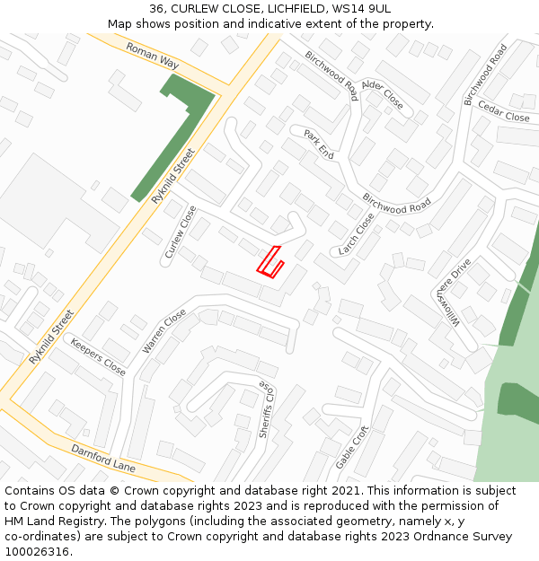 36, CURLEW CLOSE, LICHFIELD, WS14 9UL: Location map and indicative extent of plot