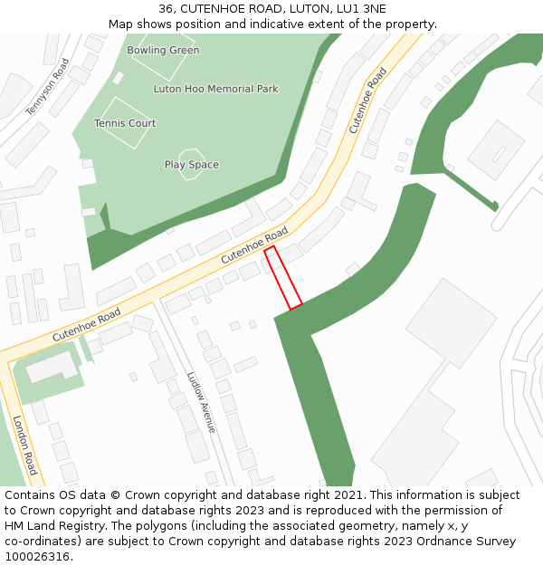 36, CUTENHOE ROAD, LUTON, LU1 3NE: Location map and indicative extent of plot