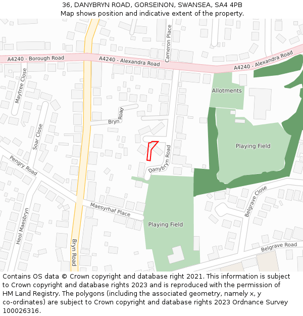 36, DANYBRYN ROAD, GORSEINON, SWANSEA, SA4 4PB: Location map and indicative extent of plot