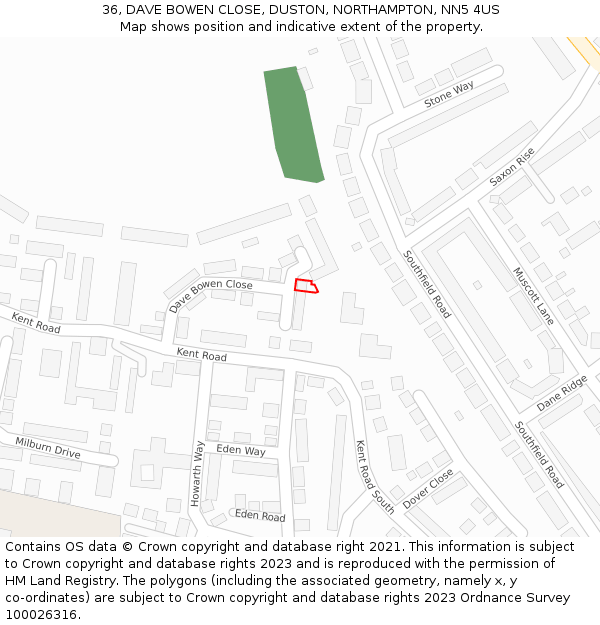 36, DAVE BOWEN CLOSE, DUSTON, NORTHAMPTON, NN5 4US: Location map and indicative extent of plot