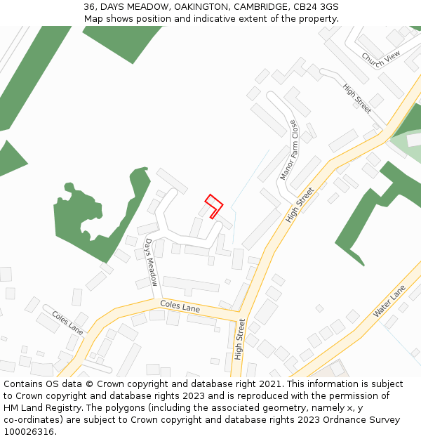36, DAYS MEADOW, OAKINGTON, CAMBRIDGE, CB24 3GS: Location map and indicative extent of plot