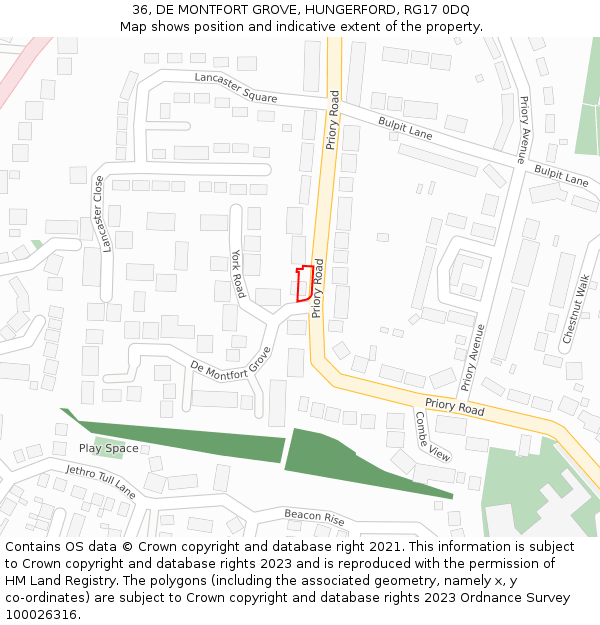 36, DE MONTFORT GROVE, HUNGERFORD, RG17 0DQ: Location map and indicative extent of plot