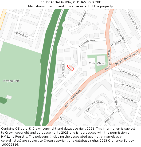 36, DEARNALAY WAY, OLDHAM, OL9 7BF: Location map and indicative extent of plot