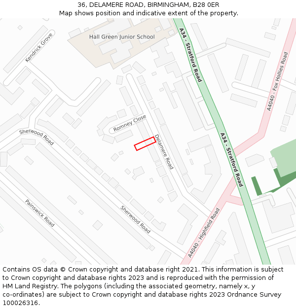 36, DELAMERE ROAD, BIRMINGHAM, B28 0ER: Location map and indicative extent of plot