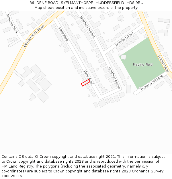 36, DENE ROAD, SKELMANTHORPE, HUDDERSFIELD, HD8 9BU: Location map and indicative extent of plot