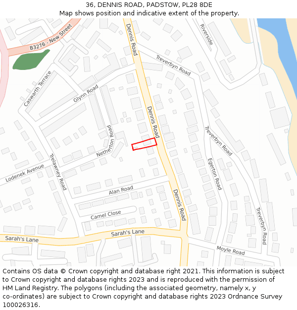 36, DENNIS ROAD, PADSTOW, PL28 8DE: Location map and indicative extent of plot