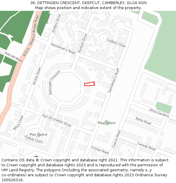 36, DETTINGEN CRESCENT, DEEPCUT, CAMBERLEY, GU16 6GN: Location map and indicative extent of plot