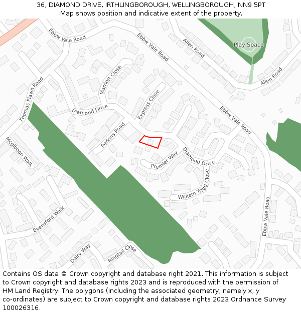 36, DIAMOND DRIVE, IRTHLINGBOROUGH, WELLINGBOROUGH, NN9 5PT: Location map and indicative extent of plot