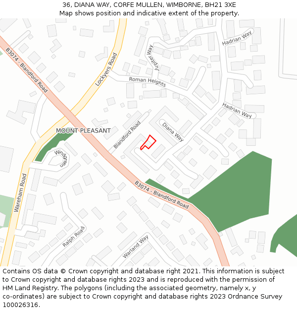 36, DIANA WAY, CORFE MULLEN, WIMBORNE, BH21 3XE: Location map and indicative extent of plot