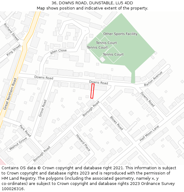36, DOWNS ROAD, DUNSTABLE, LU5 4DD: Location map and indicative extent of plot