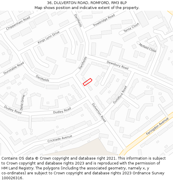 36, DULVERTON ROAD, ROMFORD, RM3 8LP: Location map and indicative extent of plot