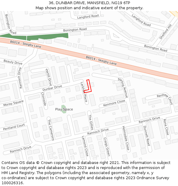 36, DUNBAR DRIVE, MANSFIELD, NG19 6TP: Location map and indicative extent of plot