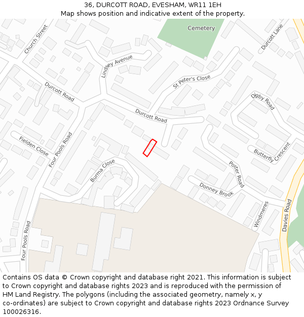 36, DURCOTT ROAD, EVESHAM, WR11 1EH: Location map and indicative extent of plot