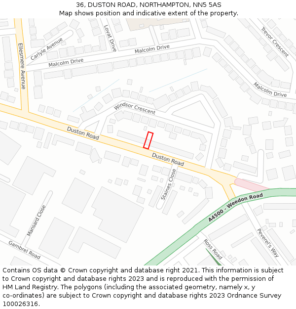 36, DUSTON ROAD, NORTHAMPTON, NN5 5AS: Location map and indicative extent of plot