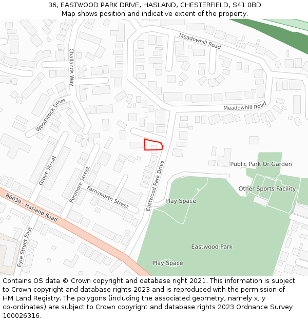 36, EASTWOOD PARK DRIVE, HASLAND, CHESTERFIELD, S41 0BD: Location map and indicative extent of plot