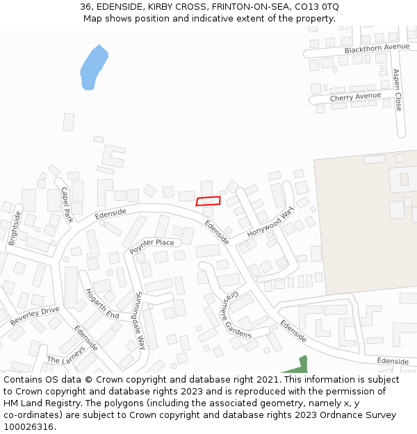36, EDENSIDE, KIRBY CROSS, FRINTON-ON-SEA, CO13 0TQ: Location map and indicative extent of plot