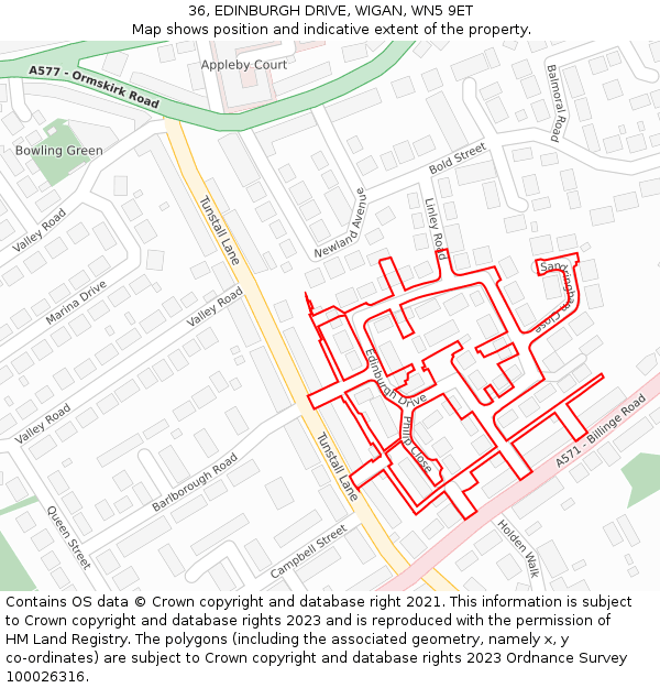 36, EDINBURGH DRIVE, WIGAN, WN5 9ET: Location map and indicative extent of plot