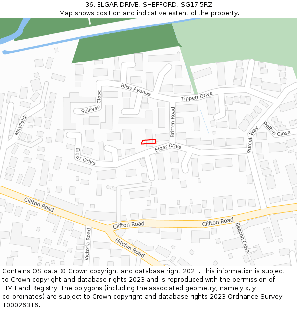 36, ELGAR DRIVE, SHEFFORD, SG17 5RZ: Location map and indicative extent of plot