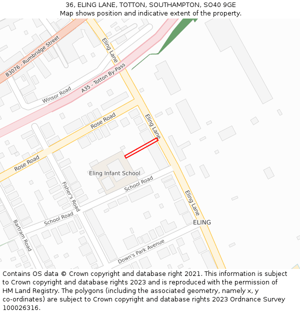 36, ELING LANE, TOTTON, SOUTHAMPTON, SO40 9GE: Location map and indicative extent of plot