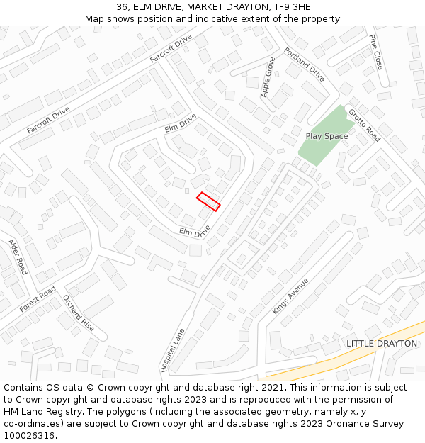 36, ELM DRIVE, MARKET DRAYTON, TF9 3HE: Location map and indicative extent of plot