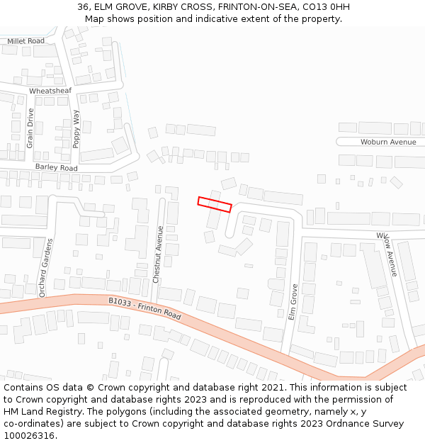 36, ELM GROVE, KIRBY CROSS, FRINTON-ON-SEA, CO13 0HH: Location map and indicative extent of plot
