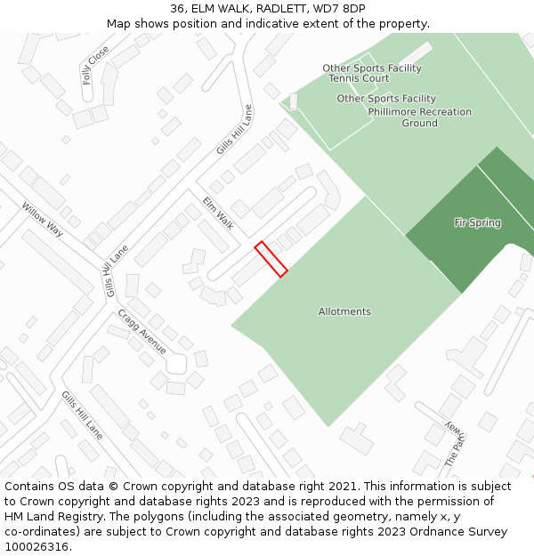 36, ELM WALK, RADLETT, WD7 8DP: Location map and indicative extent of plot