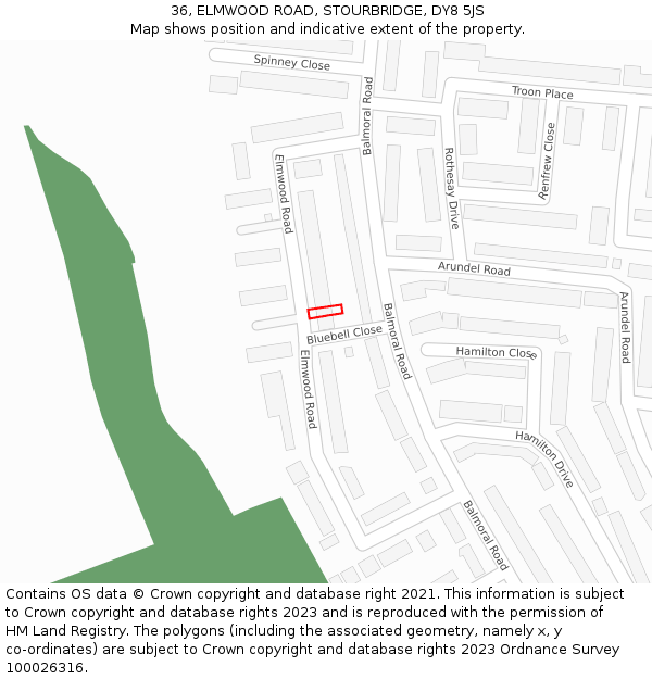 36, ELMWOOD ROAD, STOURBRIDGE, DY8 5JS: Location map and indicative extent of plot