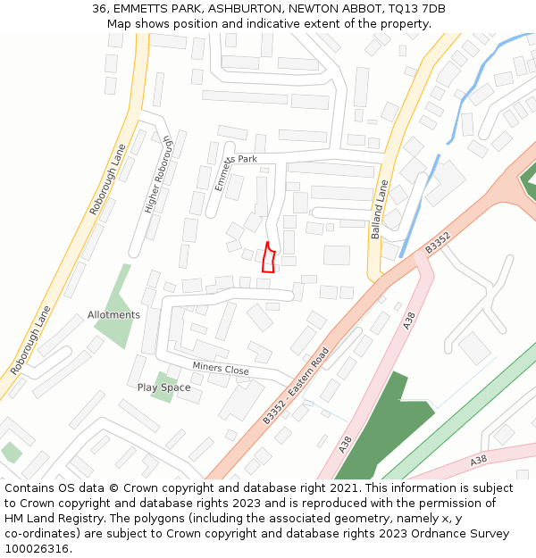 36, EMMETTS PARK, ASHBURTON, NEWTON ABBOT, TQ13 7DB: Location map and indicative extent of plot