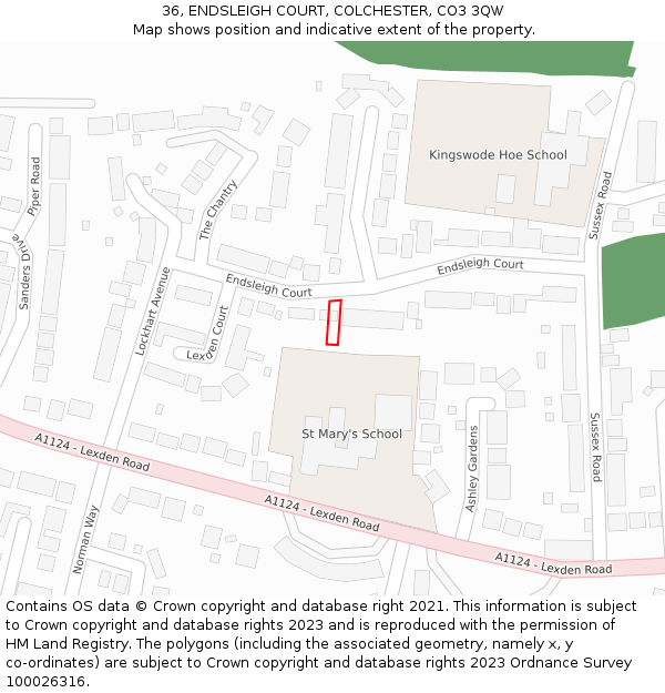 36, ENDSLEIGH COURT, COLCHESTER, CO3 3QW: Location map and indicative extent of plot