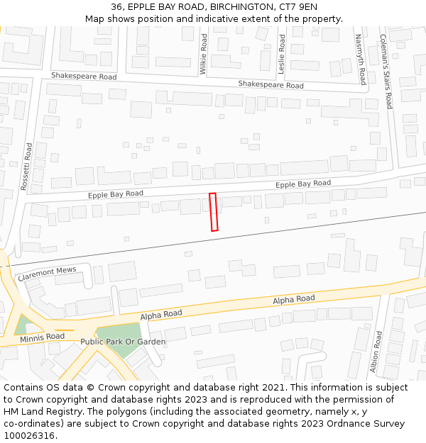 36, EPPLE BAY ROAD, BIRCHINGTON, CT7 9EN: Location map and indicative extent of plot