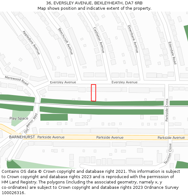 36, EVERSLEY AVENUE, BEXLEYHEATH, DA7 6RB: Location map and indicative extent of plot