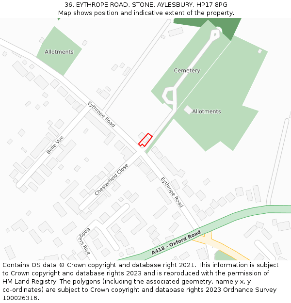 36, EYTHROPE ROAD, STONE, AYLESBURY, HP17 8PG: Location map and indicative extent of plot