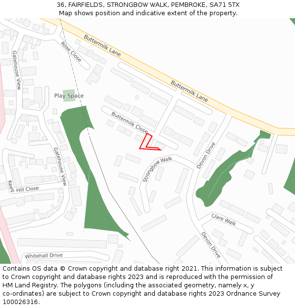 36, FAIRFIELDS, STRONGBOW WALK, PEMBROKE, SA71 5TX: Location map and indicative extent of plot