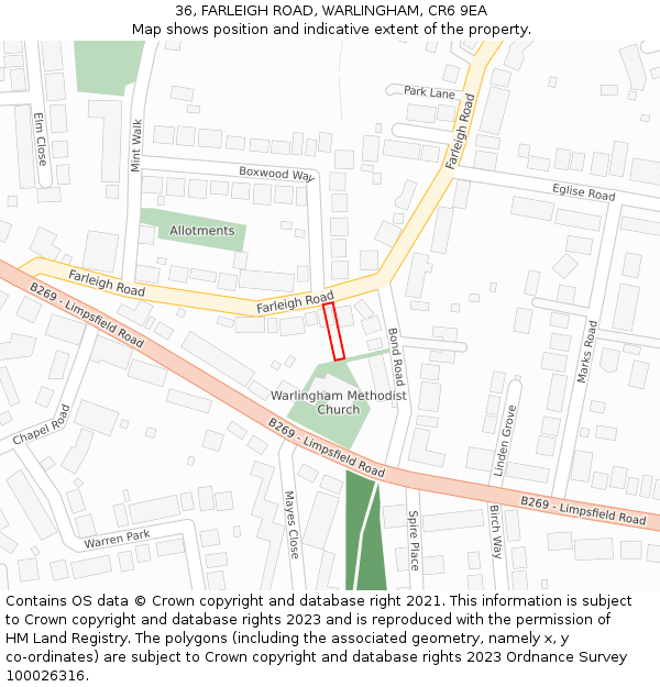 36, FARLEIGH ROAD, WARLINGHAM, CR6 9EA: Location map and indicative extent of plot