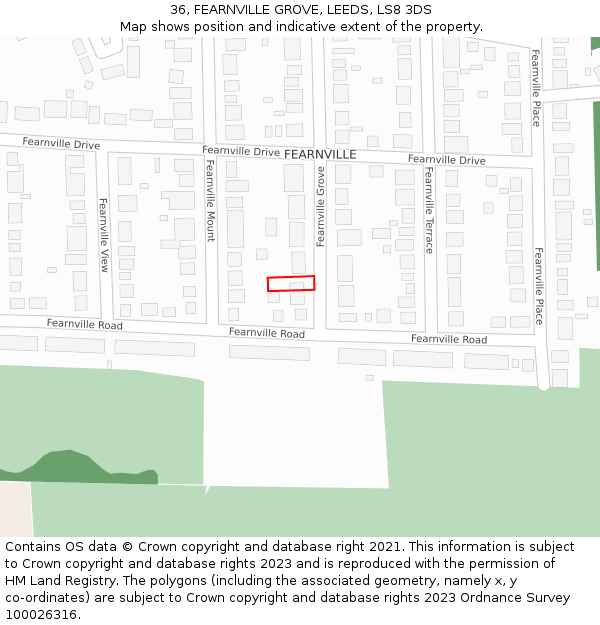 36, FEARNVILLE GROVE, LEEDS, LS8 3DS: Location map and indicative extent of plot