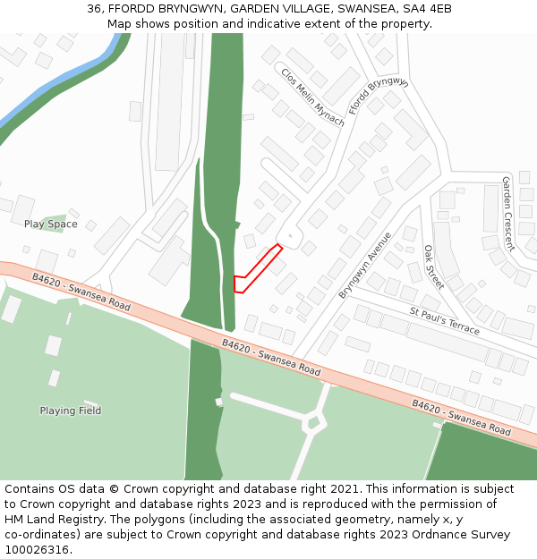 36, FFORDD BRYNGWYN, GARDEN VILLAGE, SWANSEA, SA4 4EB: Location map and indicative extent of plot