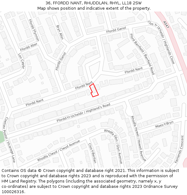 36, FFORDD NANT, RHUDDLAN, RHYL, LL18 2SW: Location map and indicative extent of plot