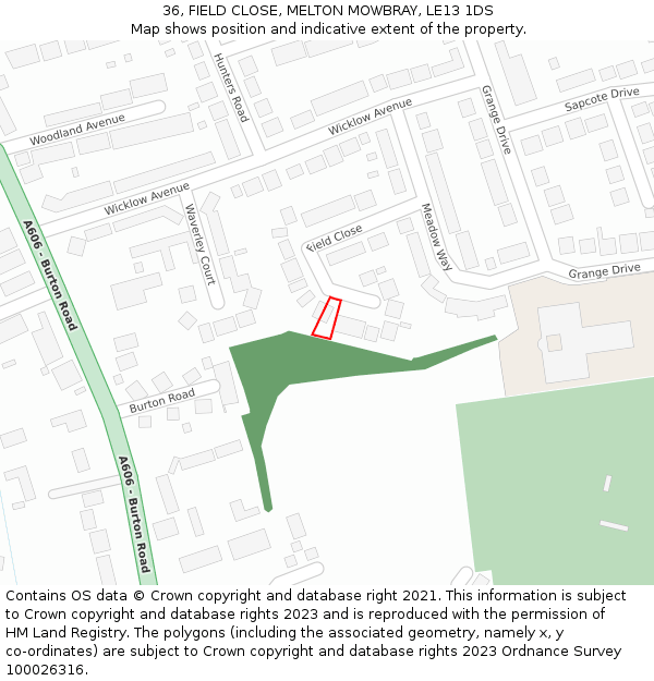 36, FIELD CLOSE, MELTON MOWBRAY, LE13 1DS: Location map and indicative extent of plot