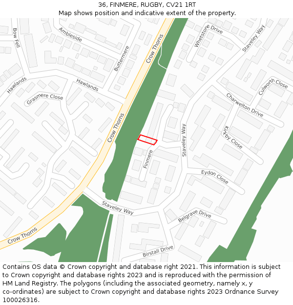 36, FINMERE, RUGBY, CV21 1RT: Location map and indicative extent of plot