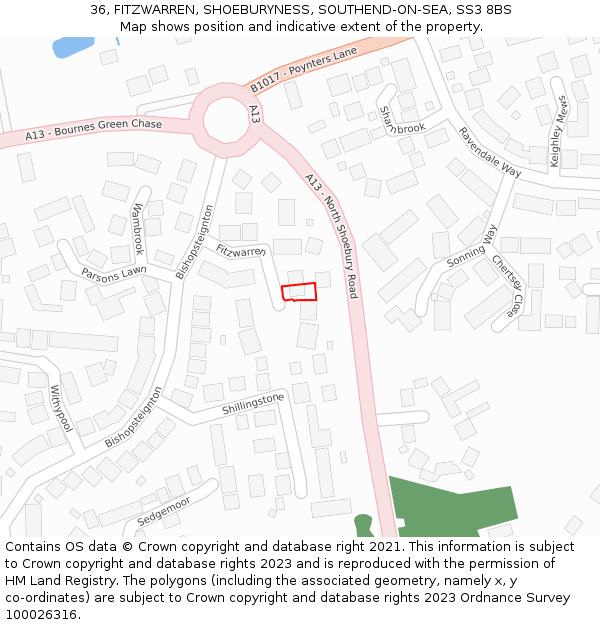 36, FITZWARREN, SHOEBURYNESS, SOUTHEND-ON-SEA, SS3 8BS: Location map and indicative extent of plot