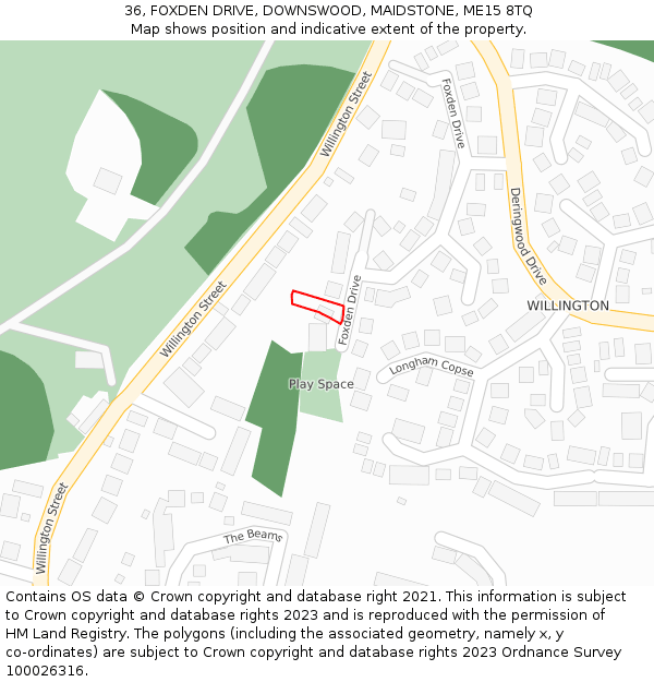 36, FOXDEN DRIVE, DOWNSWOOD, MAIDSTONE, ME15 8TQ: Location map and indicative extent of plot