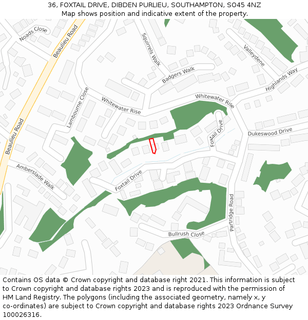 36, FOXTAIL DRIVE, DIBDEN PURLIEU, SOUTHAMPTON, SO45 4NZ: Location map and indicative extent of plot
